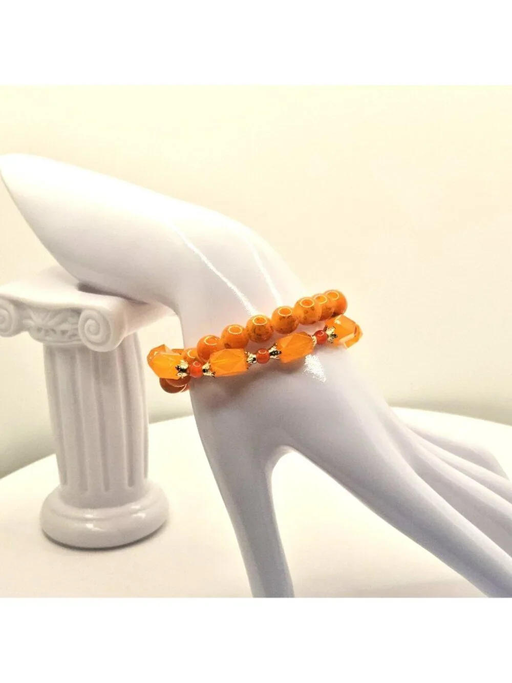Orange Beaded Stretch Bracelet Set With Gold Tone Seahorse Charm